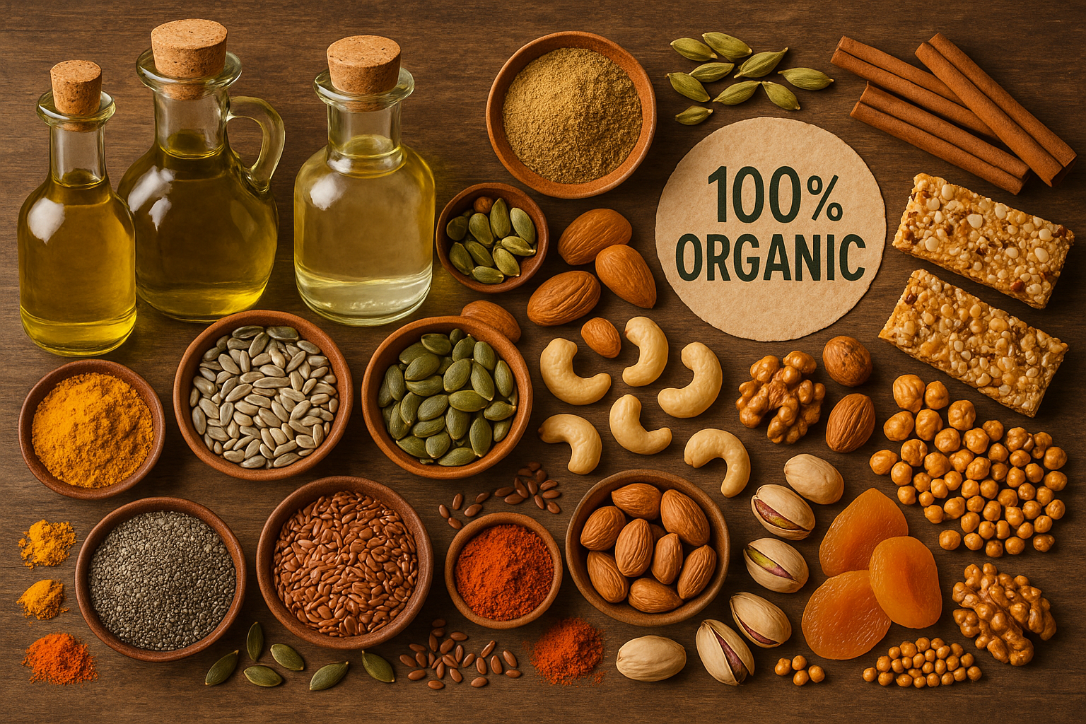 generate 100% organic oils, seeds and nuts, spices, snacks collage (all in one photo/frame) hd image